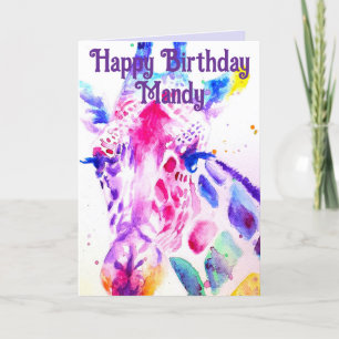 Carte Girafe colorée Watercolor Girls Birthday Card