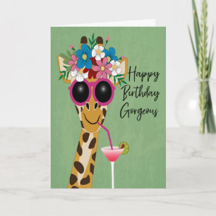 Carte Girafe Magnifique Anniversaire avec Fleurs et Lune