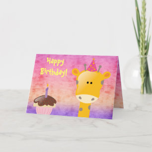 Carte Giraffe Cute & Cupcake Joyeux Anniversaire