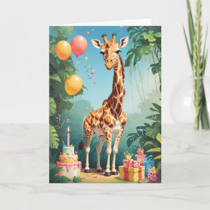 Carte Giraffe de dessin animé avec ballons et gâteau  Ca
