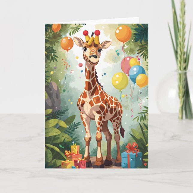 Carte Giraffe de dessin animé avec ballons et présentate (Devant)