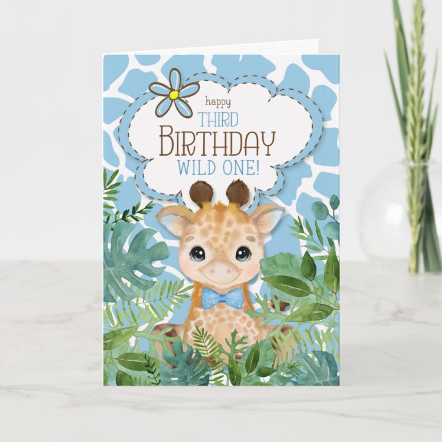 Carte Giraffe de la Jungle Bleue du garçon 3e anniversai (Devant)