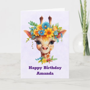 Carte Giraffe mignonne avec la couronne fleurie Annivers