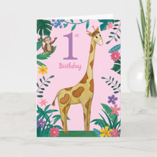 Carte Giraffe pour filles premier anniversaire