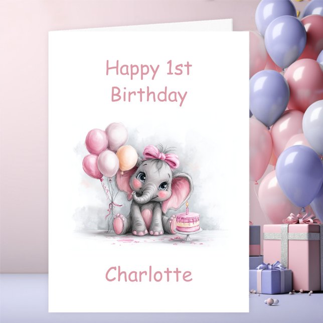 Carte Girl Baby Elephant 1st Birthday (Créateur téléchargé)