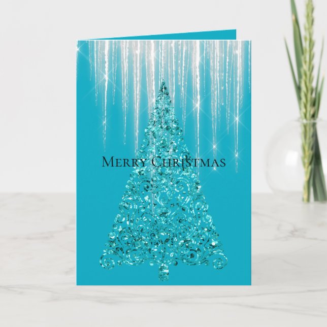 Carte Glaçons Bleu Aqua Brillant Sapin de Noël (Devant)