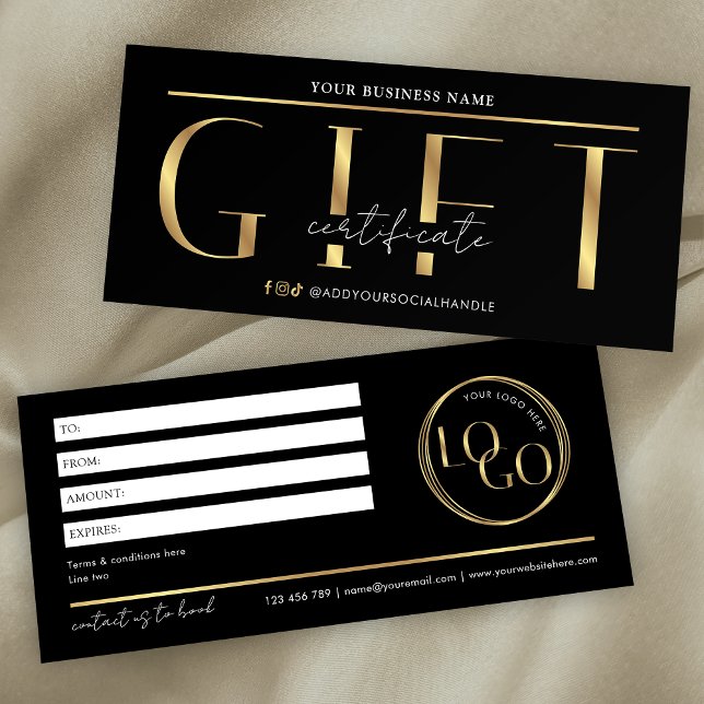 Carte Glam Black & Gold Logo Spa Salon Certificat cadeau (Modern black and gold effect gift certificate with space for your custom text and logo)