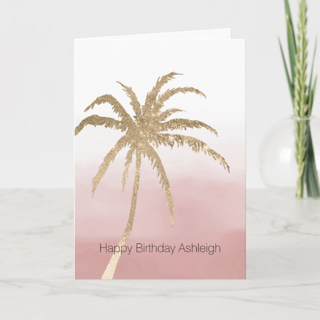 Carte Glam Gold Tropical Palm Pink ombre (Devant)