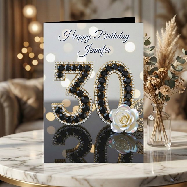 Carte Glamorous 30th Birthday Black Diamonds White Rose  (Créateur téléchargé)