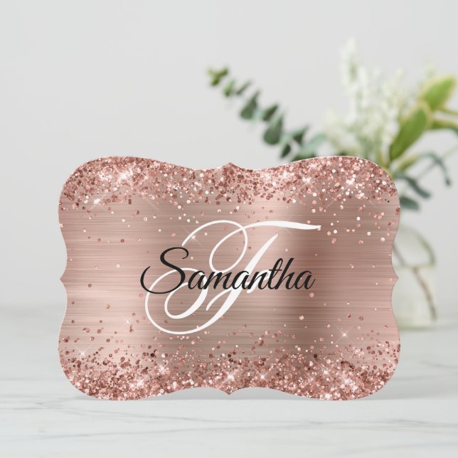 Carte Glitter Rose Gold Foil Fancy Monogram Place Card (Debout devant)