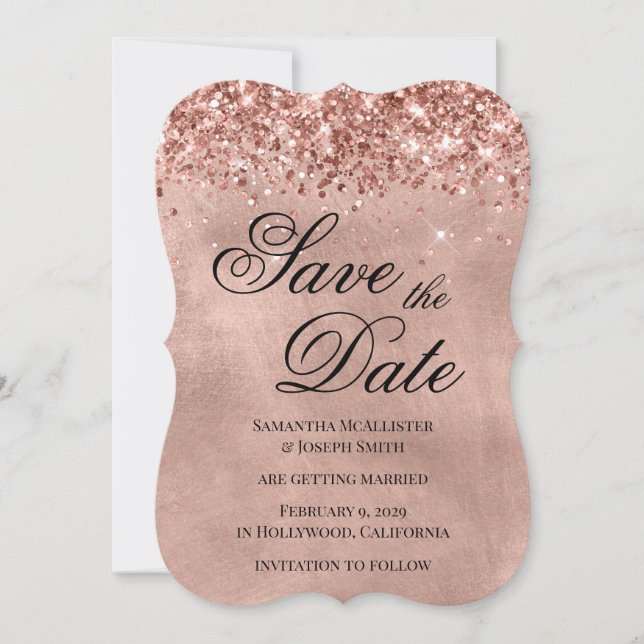 Carte Glittery Rose Gold Enregistrer la date (Devant)