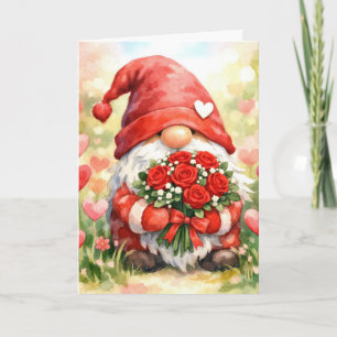 Carte Gnome de la Saint-Valentin avec bouquet de roses r