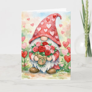 Carte Gnome de la Saint-Valentin avec des roses rouges