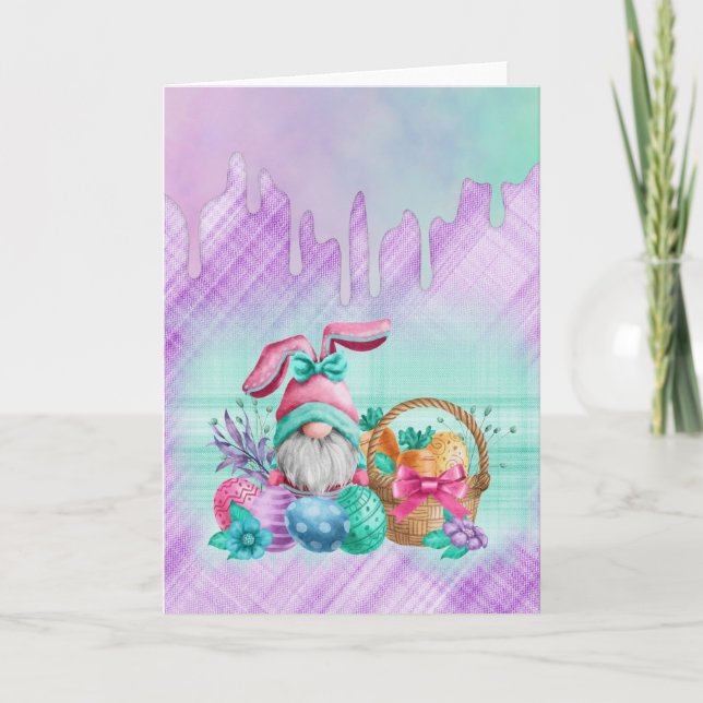 Carte Gnome De Lapin De Pâques Avec Oeufs De Panier (Devant)