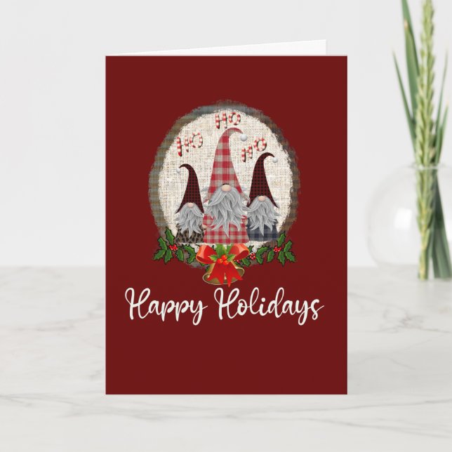 Carte Gnomes de Noël Rouge Joyeux Vacances Rustiques, Pl (Devant)
