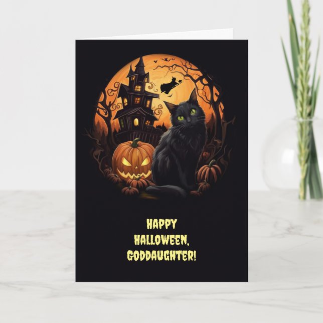 Carte Godgirl Halloween jolie sorcière de chat noir (Devant)