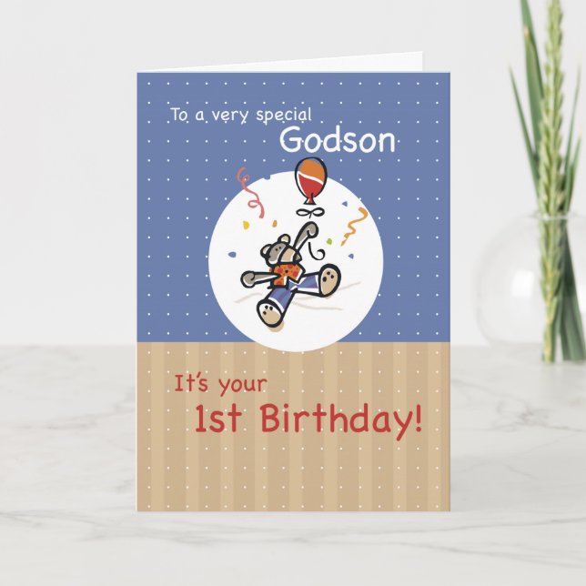 Carte Godson 1st Teddy Bear Balloon Anniversaire (Devant)