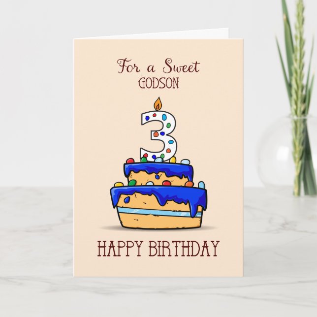 Carte Godson 3e anniversaire, 3 sur le gâteau bleu doux (Devant)