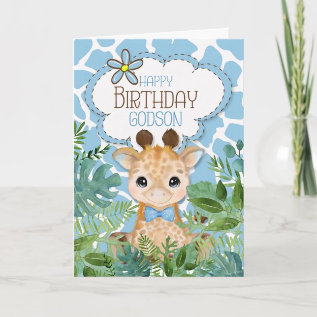 Carte Godson Blue Jungle Giraffe Thème Anniversaire (Devant)