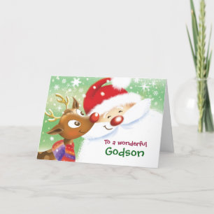 Carte Godson, Christmas, Cute Reindeer et Santa