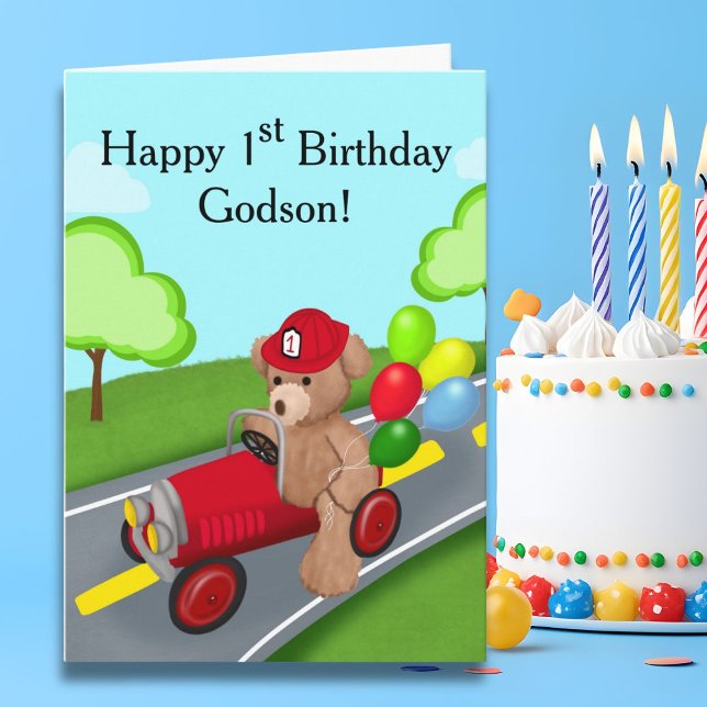Carte Godson Happy 1er Anniversaire Teddy Bear Firetruck (Créateur téléchargé)