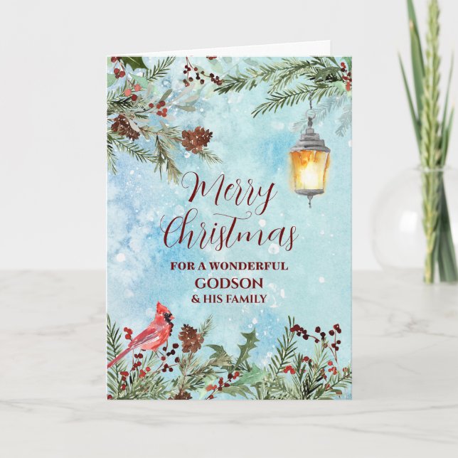 Carte Godson rustique de neige et famille Joyeux Noël (Devant)
