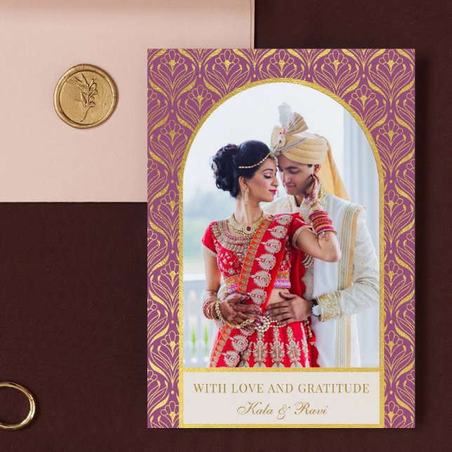 Carte Gold Art déco Mariage Merci photo (indian wedding thank you card, hindu wedding thank you card, art deco gold mundap arch photo card)