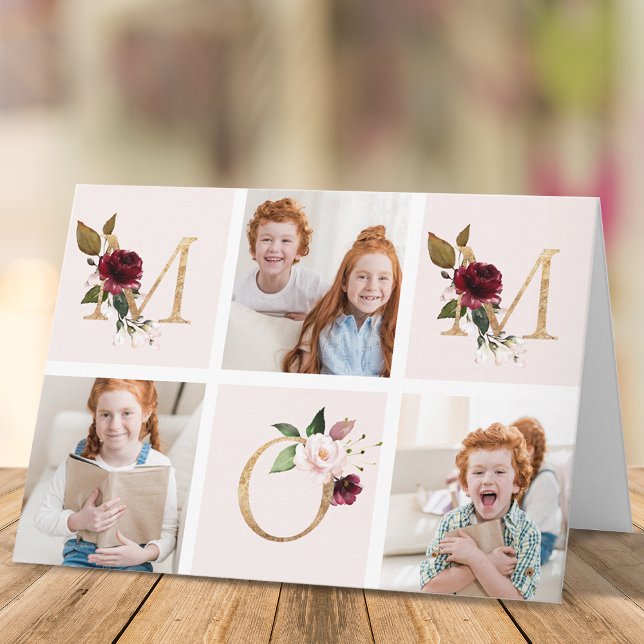 Carte Gold Burgundy Floral MOM Multi Photo Mothers Day (Créateur téléchargé)