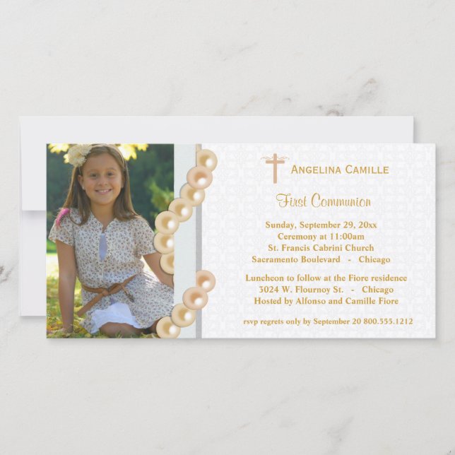 Carte Gold Damask Pearls First Communion Photo Invitatio (Devant)