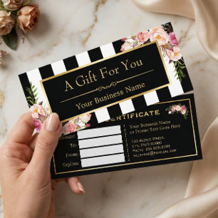 Carte Gold Floral Black White Stripes Certificat cadeau