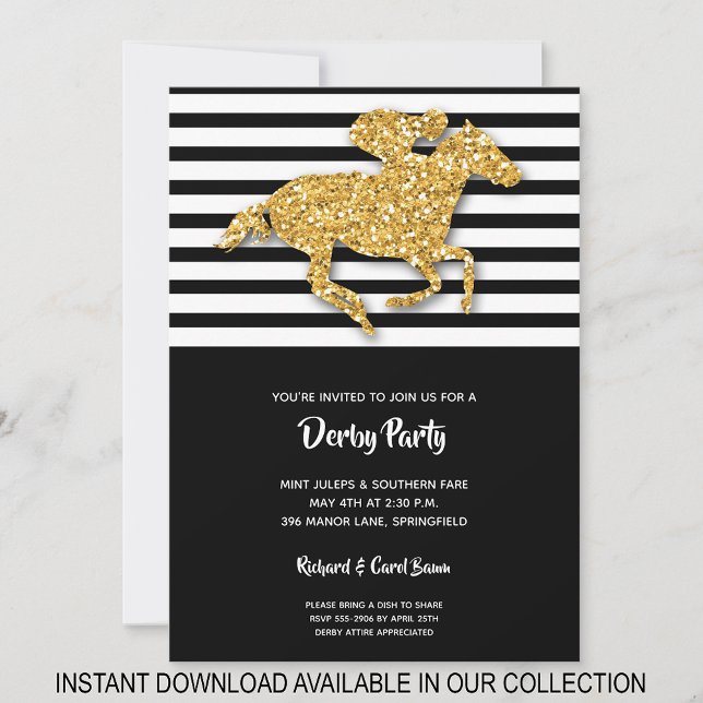 Carte Gold Glitter Horse & Stripes Derby Invite (INSTANT DOWNLOAD available in our collection to send your invitations digitally.)