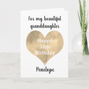 Carte Gold Heart Happy 12th Birthday Grandgirl