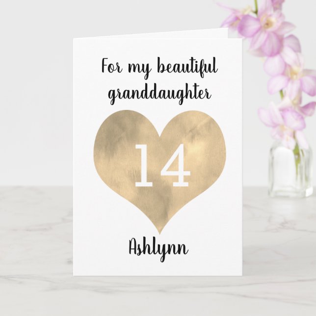 Carte Gold Heart Happy 14th Birthday Grandgirl (Orchidée)