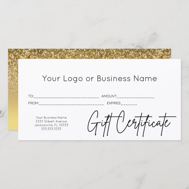 Carte Gold Parties scintillant Script Logo Certificat ca (Devant / Derrière)