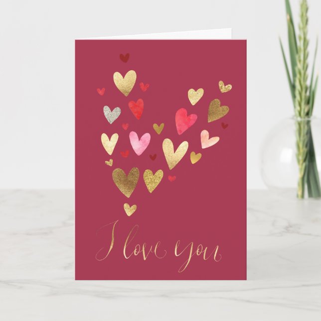 Carte Gold Red Je t'aime Coeurs (Devant)