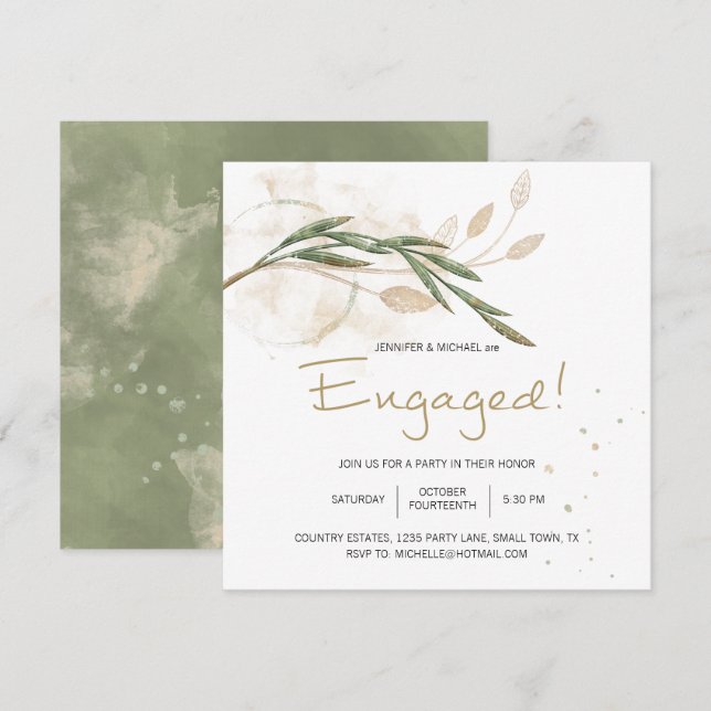 Carte Gold Sage Green Floral Élégant Fiançailles (Devant / Derrière)