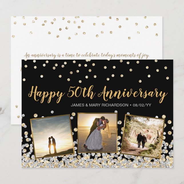 Carte Gold Silver Confetti Photo 50e anniversaire (Devant / Derrière)