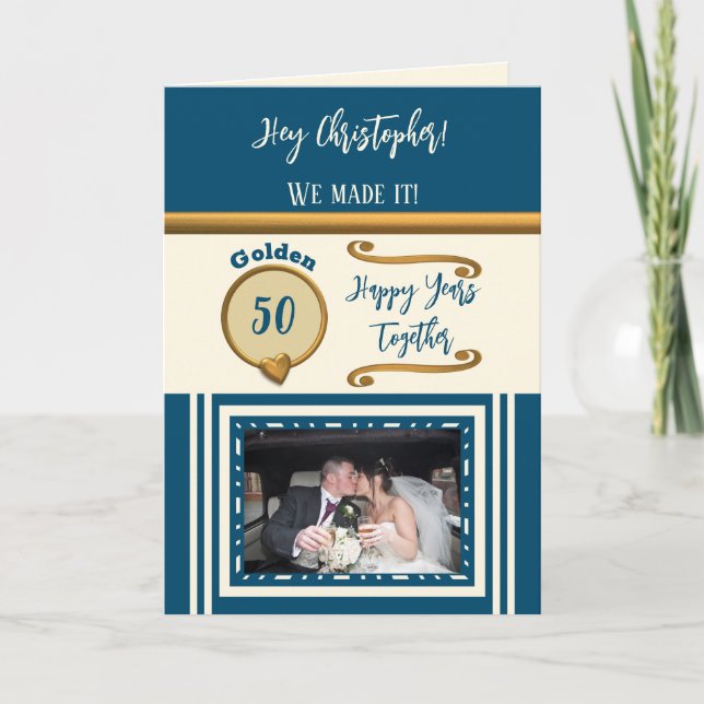 Carte Golden 50e anniversaire heureux années crème bleue (Devant)