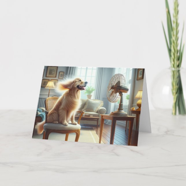 Carte Golden Retriever assis devant le ventilateur (Devant)
