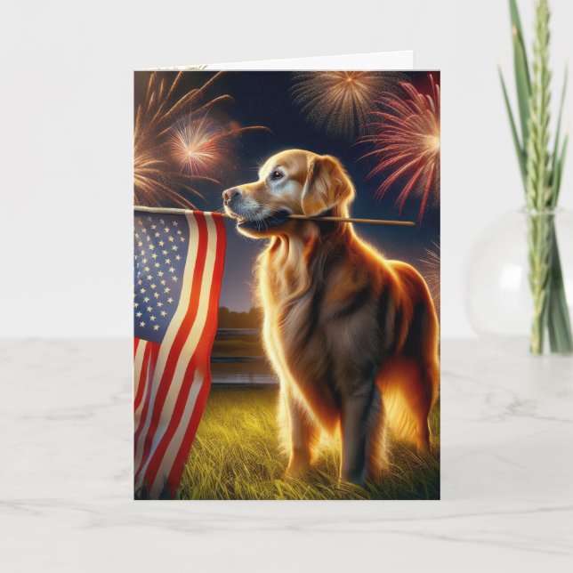 Carte Golden Retriever avec drapeau américain (Devant)