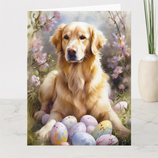 Carte Golden Retriever avec oeufs de Pâques (Devant)