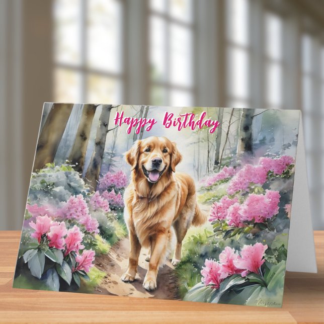 Carte Golden Retriever Chien Fleurs roses Joyeux anniver (A birthday card with picture of a golden retriever dog by rhododendrons, in a watercolor style)