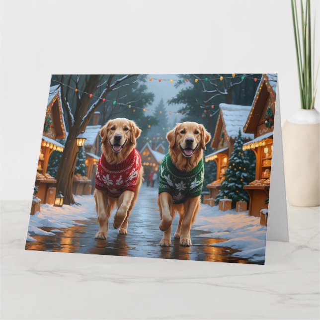 Carte Golden Retriever Chiens Noël Fête de la neige (Devant)