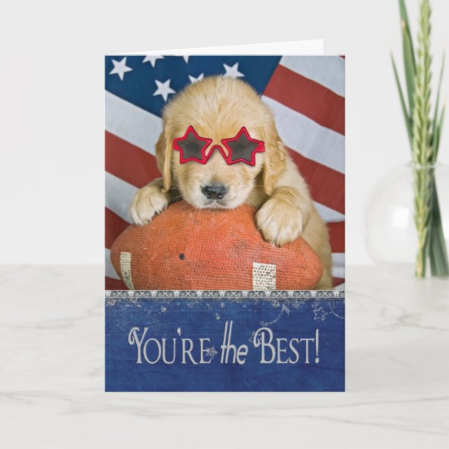 Carte golden retriever d'anniversaire sur le football (Devant)