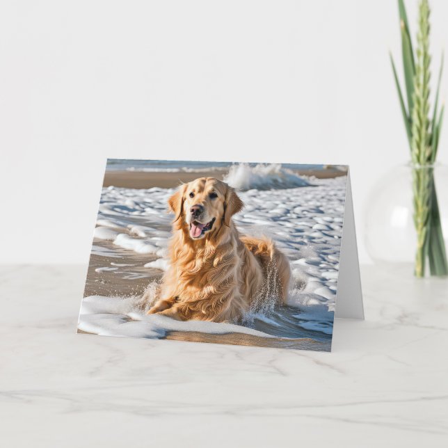 Carte Golden Retriever Dans La Vague De Plage (Devant)