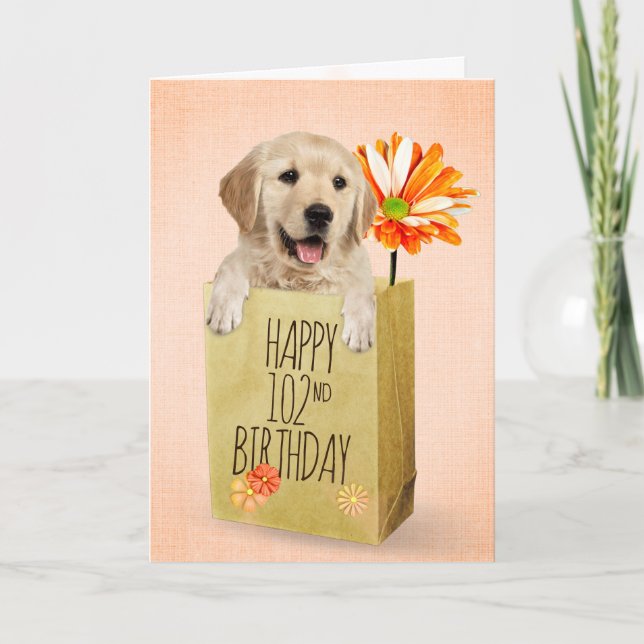 Carte Golden Retriever dans le 102e sac d'anniversaire (Devant)