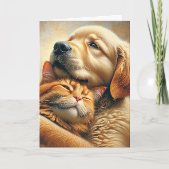 Carte Golden Retriever Et Ginger Cat Anniversaire (Devant)