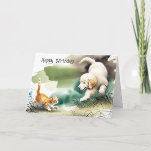 Carte Golden Retriever et Kitten Anniversaire