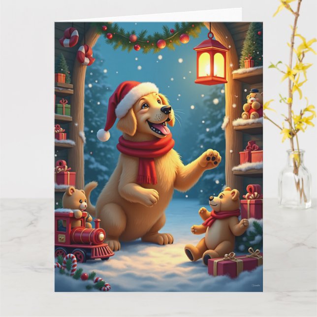 Carte Golden Retriever in Santa’s Workshop Christmas (Fleur jaune)