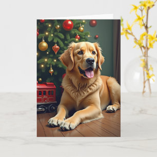 Carte Golden Retriever près du train jouet de Noël